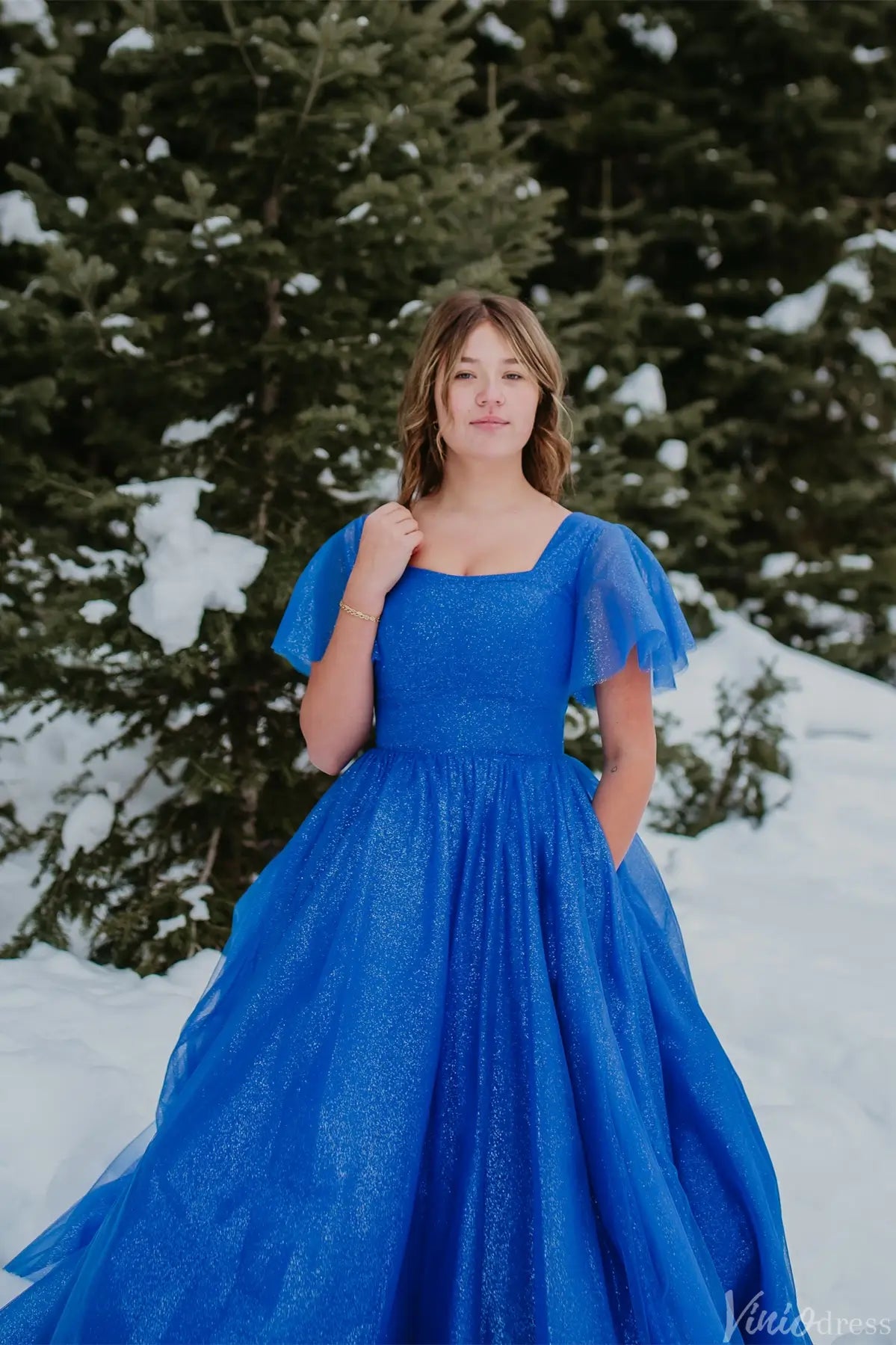 Royal Blue Glitter Tulle Ball Gown with Square Neckline, Flutter Sleeves & Pockets – AE1008-prom dresses 2025 -Viniodress-Royal Blue-Custom Size-
