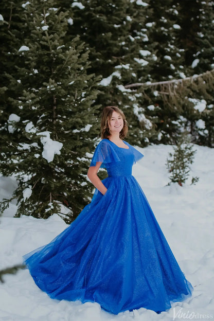 Royal Blue Glitter Tulle Ball Gown with Square Neckline, Flutter Sleeves & Pockets – AE1008-prom dresses 2025 -Viniodress-Royal Blue-Custom Size-