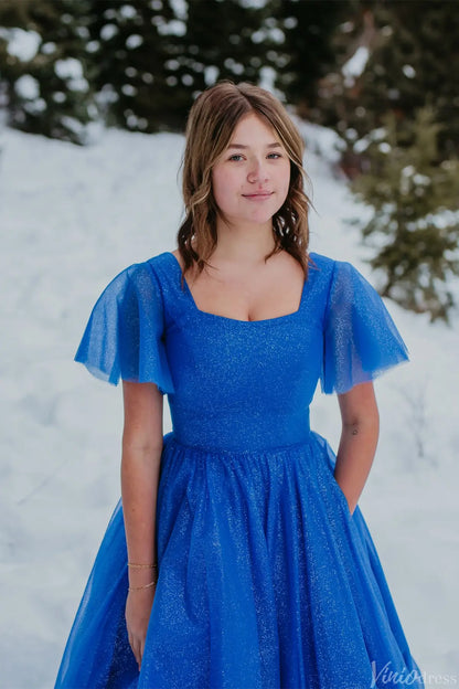 Royal Blue Glitter Tulle Ball Gown with Square Neckline, Flutter Sleeves & Pockets – AE1008-prom dresses 2025 -Viniodress-Royal Blue-Custom Size-