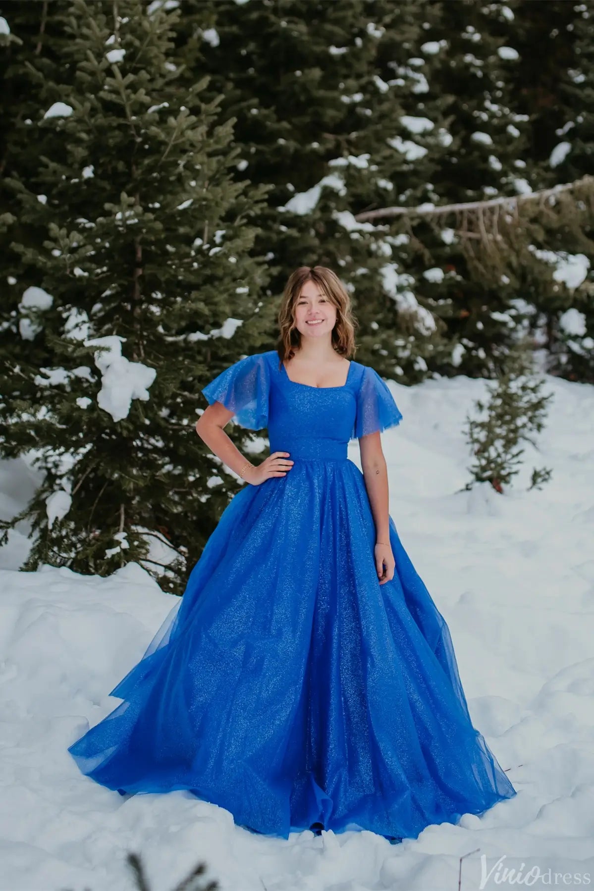 Royal Blue Glitter Tulle Ball Gown with Square Neckline, Flutter Sleeves & Pockets – AE1008-prom dresses 2025 -Viniodress-Royal Blue-Custom Size-