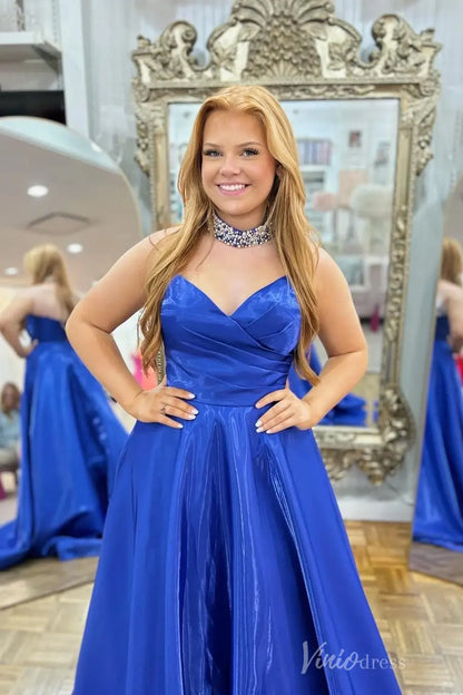 Royal Blue Glossy Satin A-Line Prom Dress with Sweetheart Neckline and Pleated Bodice – AS002-prom dresses 2025 -Viniodress-Blue-Custom Size-