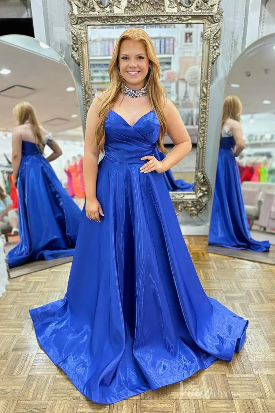 Royal Blue Glossy Satin A-Line Prom Dress with Sweetheart Neckline and Pleated Bodice – AS002-prom dresses 2025 -Viniodress-Blue-Custom Size-