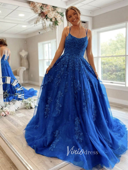 Royal Blue Lace Applique Prom Dresses Spaghetti Strap Evening Dress FD3073-prom dresses 2025 -Viniodress-Royal Blue-Custom Size-