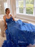 Prom Dress 2025 Royal Blue Lace Applique Prom Dresses Spaghetti Strap Evening Dress FD3073-unique prom dresses-Royal Blue-Custom Size-Viniodress