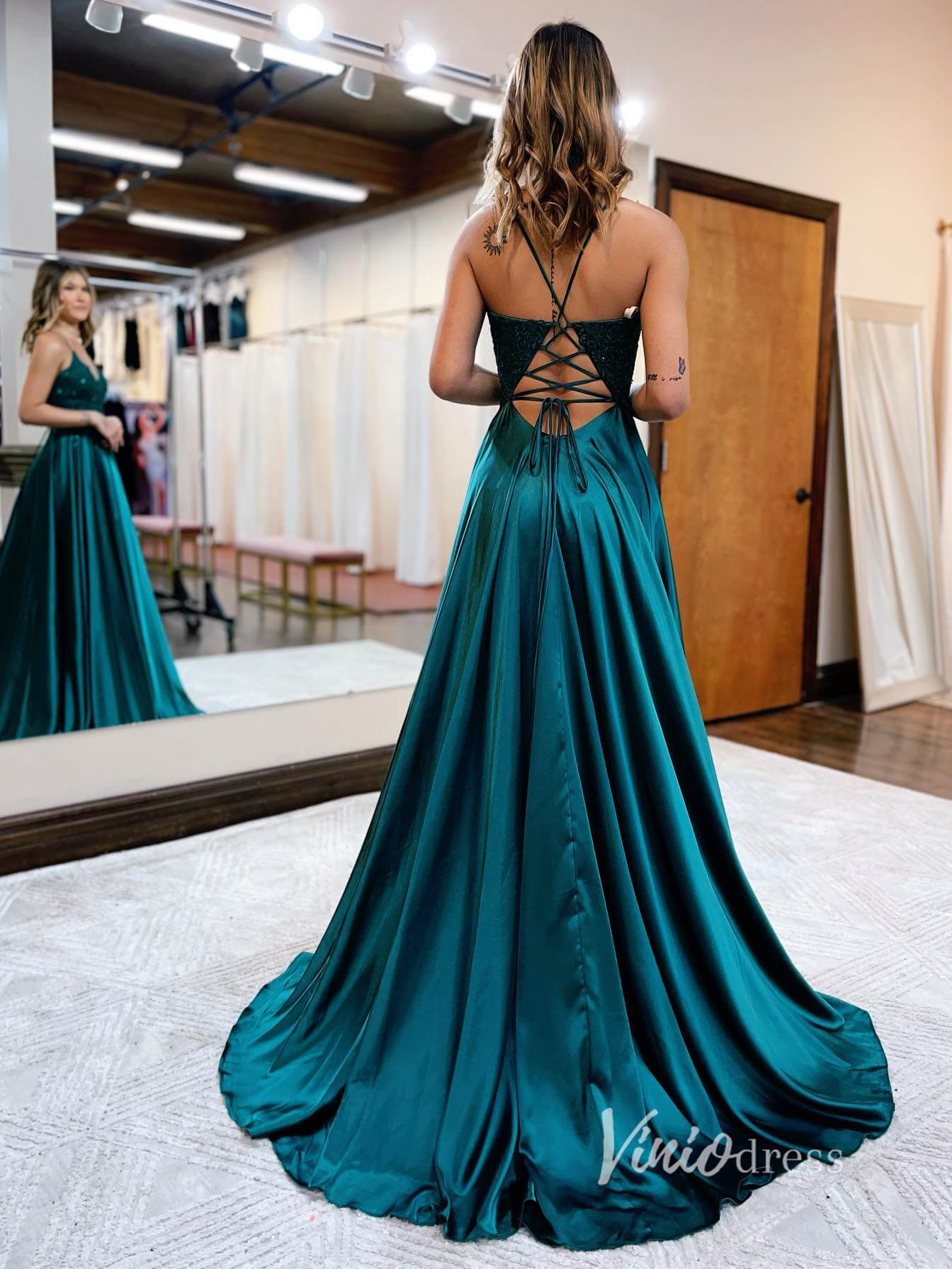 Royal Blue Lace Applique Prom Dresses With Slit Spaghetti Strap Evening Dress FD2920-prom dresses 2025 -Viniodress-Royal Blue-Custom Size-