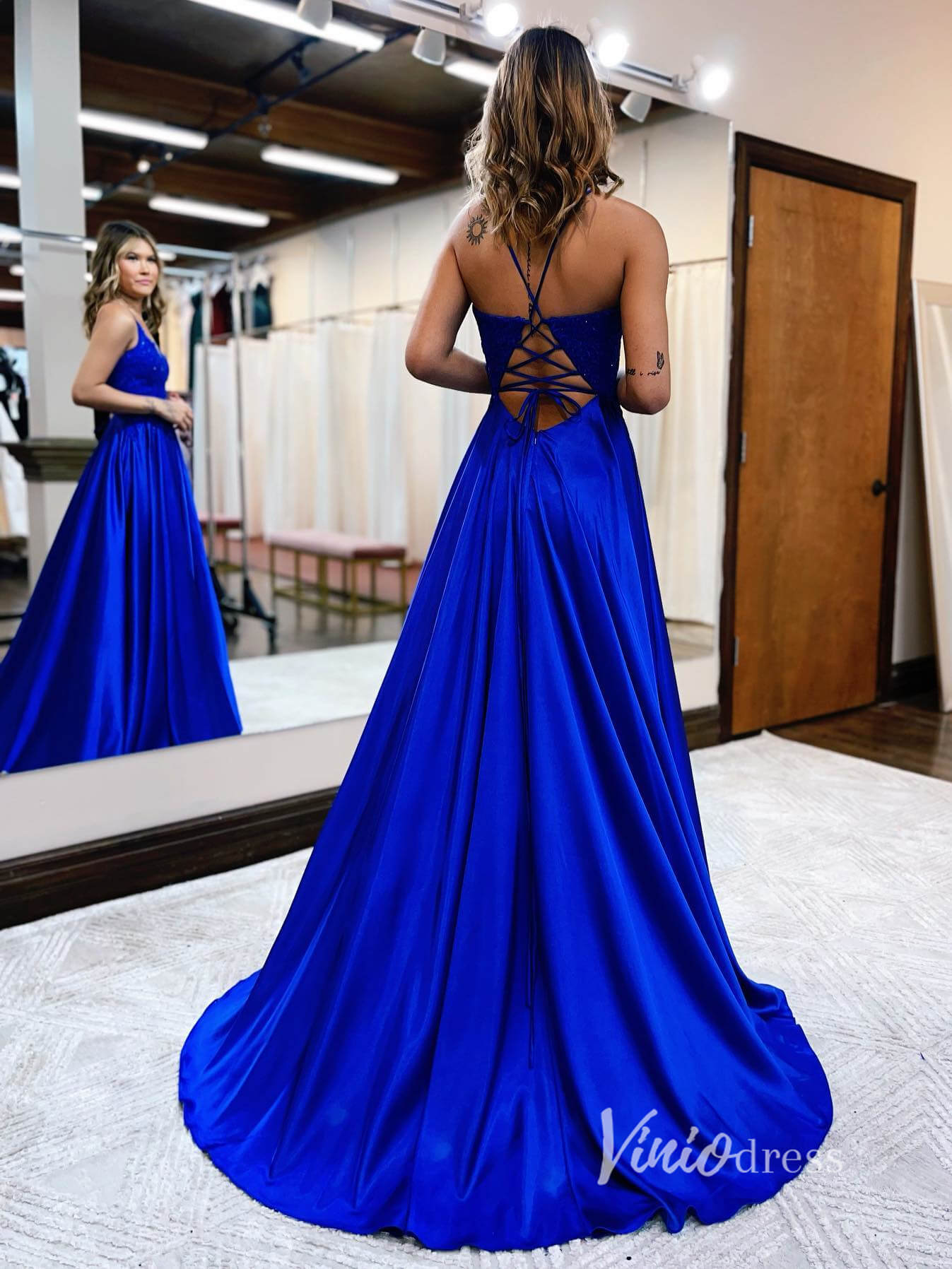 Prom Dress 2025 Royal Blue Lace Applique Prom Dresses With Slit Spaghetti Strap Evening Dress FD2920-unique prom dresses-Royal Blue-Custom Size-Viniodress