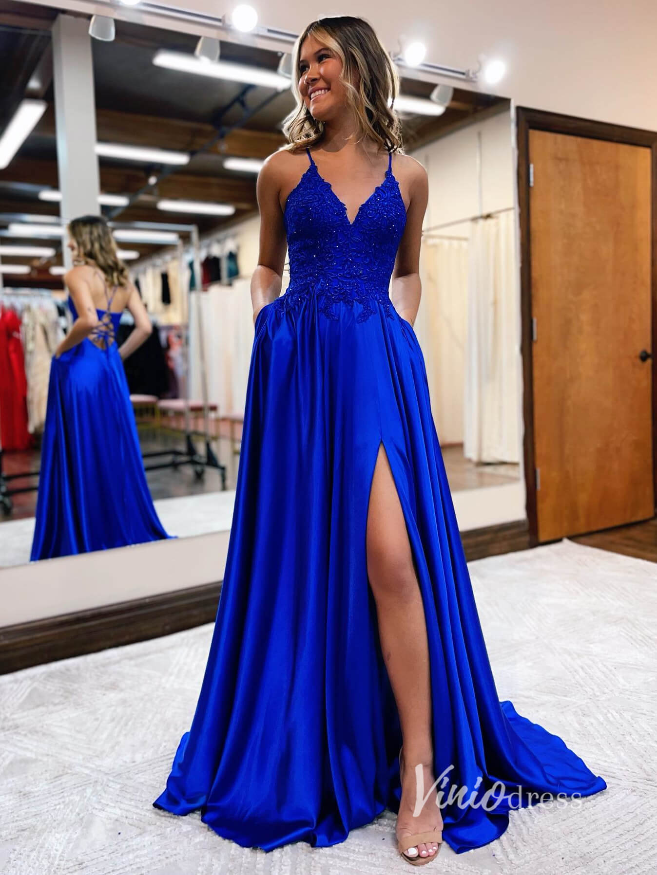 Prom Dress 2025 Royal Blue Lace Applique Prom Dresses With Slit Spaghetti Strap Evening Dress FD2920-unique prom dresses-Royal Blue-Custom Size-Viniodress