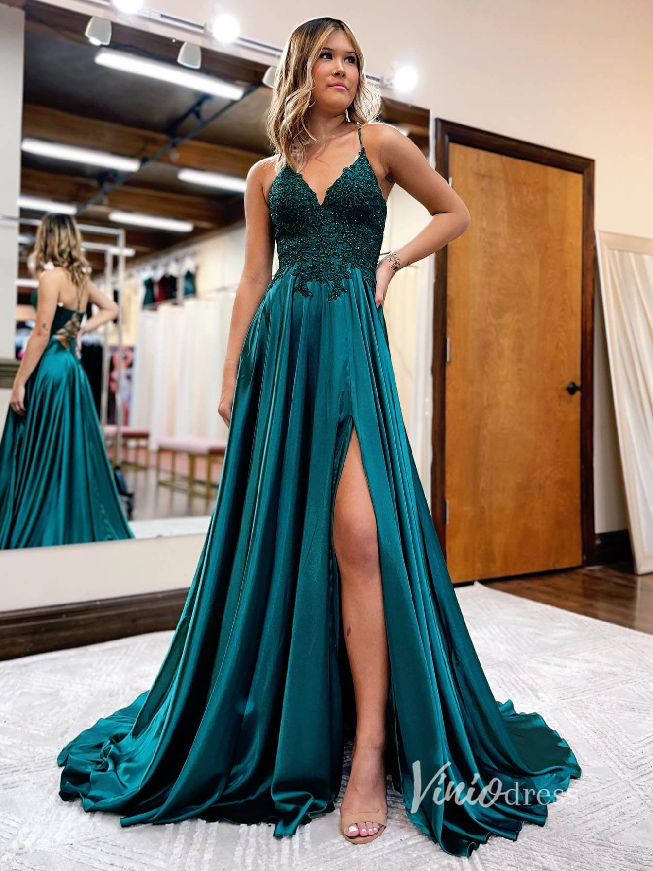 Prom Dress 2025 Royal Blue Lace Applique Prom Dresses With Slit Spaghetti Strap Evening Dress FD2920-unique prom dresses-Teal-Custom Size-Viniodress