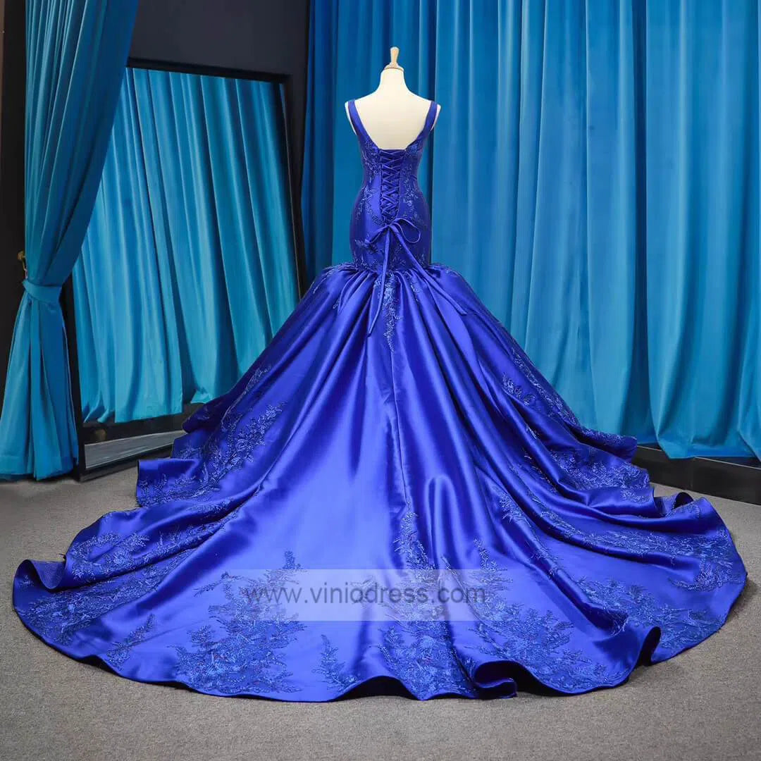 Royal Blue Lace Trumpet Ball Gowns Vintage Prom Dresses 2019 FD1207-prom dresses-Viniodress-Viniodress