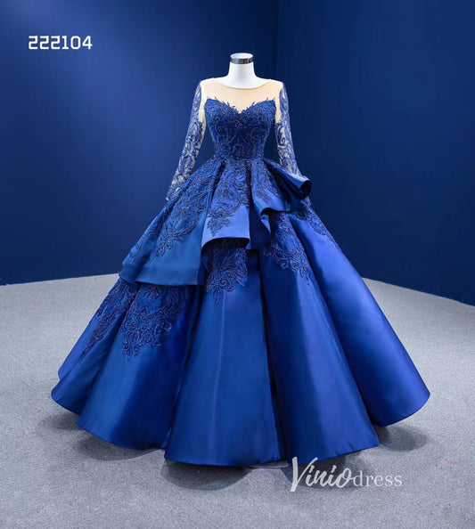 Royal Blue Long Sleeve Pageant Ball Gown Quince Dress 222104-Quinceanera Dresses 2025 -Viniodress-Royal Blue-Custom Size-