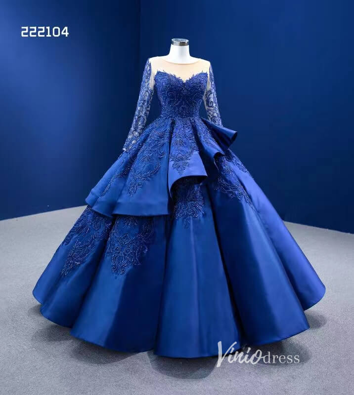 Royal Blue Long Sleeve Pageant Ball Gown Quince Dress 222104-Quinceanera Dresses 2025 -Viniodress-Royal Blue-Custom Size-