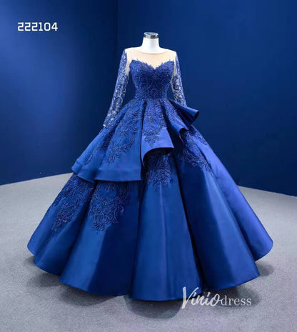 Royal Blue Long Sleeve Pageant Ball Gown Quince Dress 222104-Quinceanera Dresses 2025 -Viniodress-Royal Blue-Custom Size-