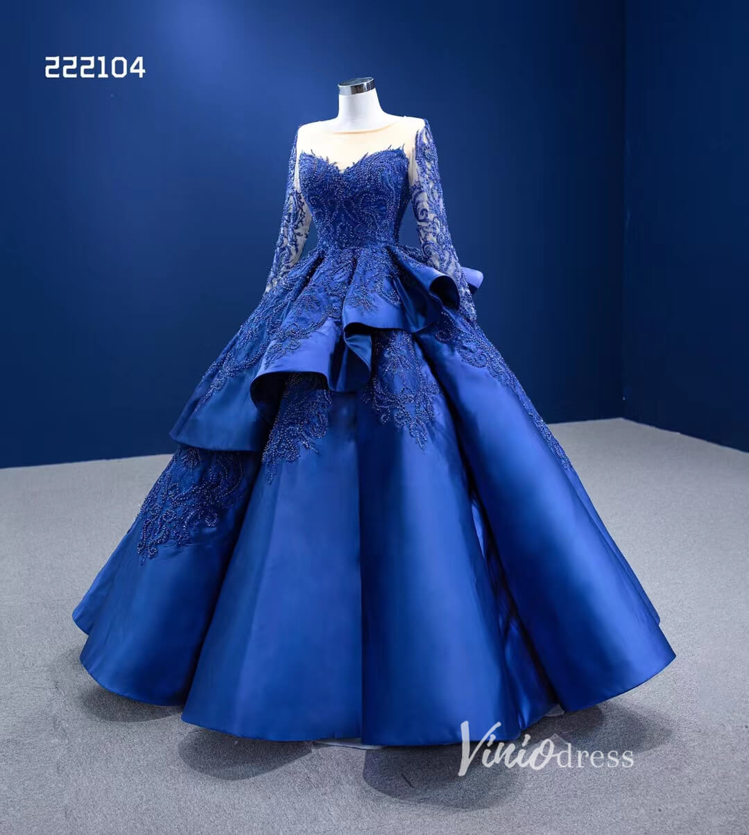 Royal Blue Long Sleeve Pageant Ball Gown Quince Dress 222104-Quinceanera Dresses 2025 -Viniodress-Royal Blue-Custom Size-