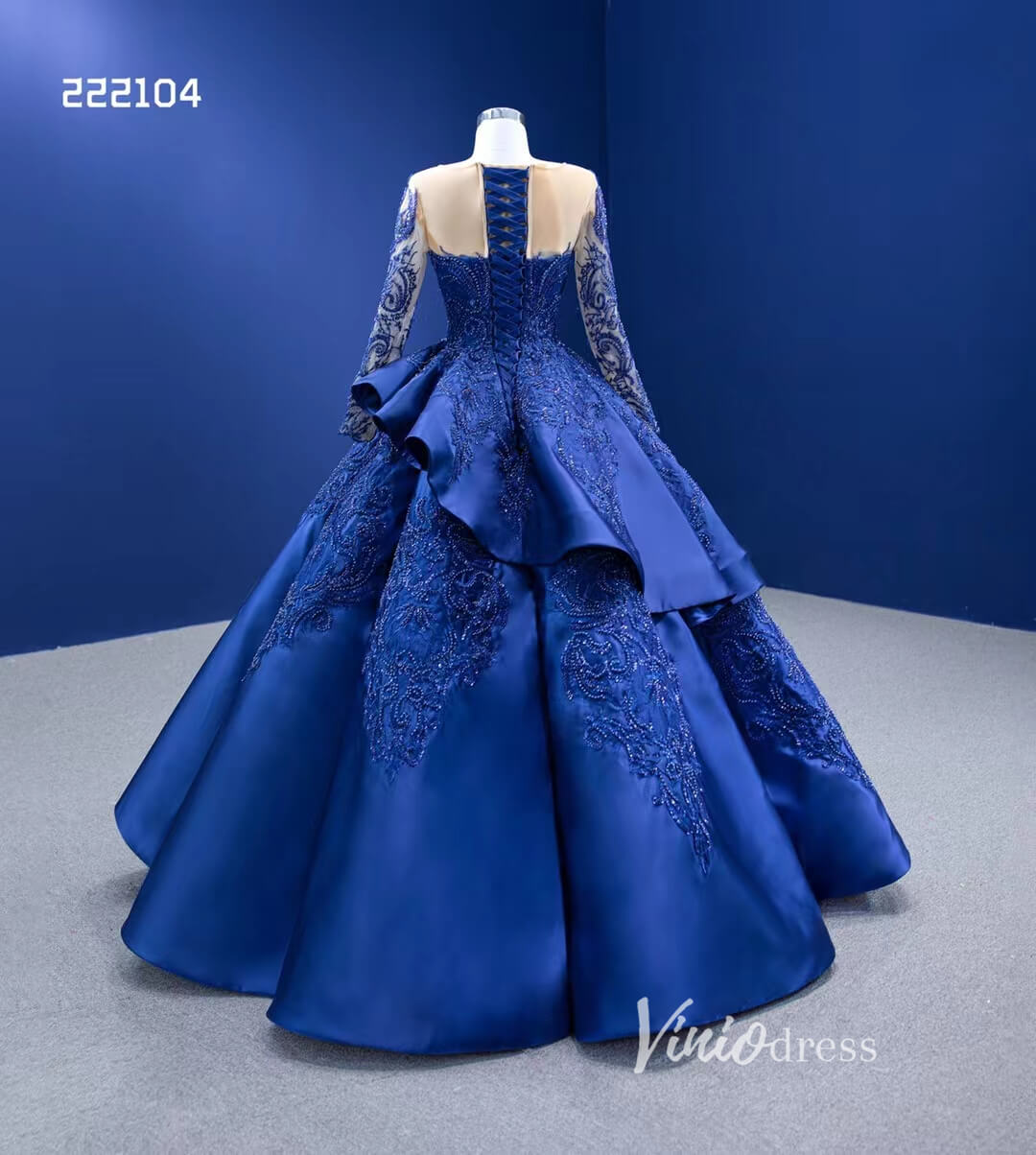 Royal Blue Long Sleeve Pageant Ball Gown Quince Dress 222104-Quinceanera Dresses 2025 -Viniodress-Royal Blue-Custom Size-