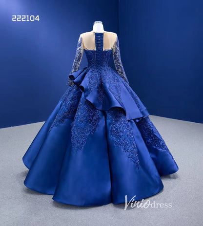 Royal Blue Long Sleeve Pageant Ball Gown Quince Dress 222104-Quinceanera Dresses 2025 -Viniodress-Royal Blue-Custom Size-