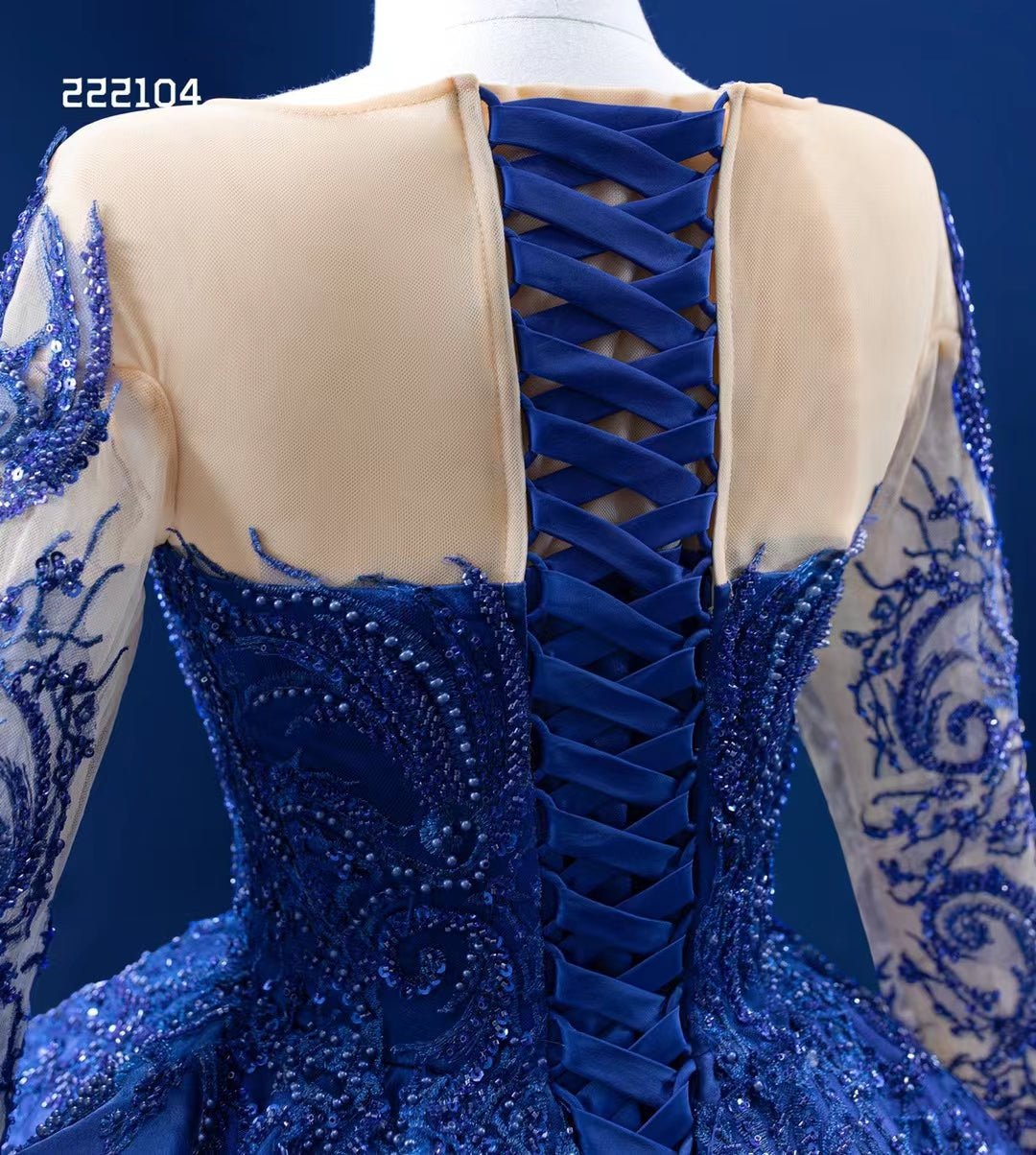 Royal Blue Long Sleeve Pageant Ball Gown Quince Dress 222104-Quinceanera Dresses 2025 -Viniodress-Royal Blue-Custom Size-