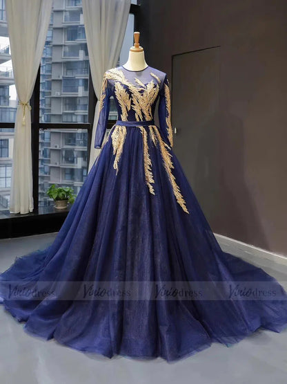 Royal Blue Long Sleeve Prom Dresses Gold Quinceañera Dress FD1382 viniodress-prom dresses 2025 -Viniodress-Royal Blue-US 2-