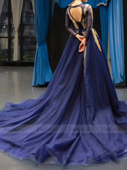 Royal Blue Long Sleeve Prom Dresses Gold Quinceañera Dress FD1382 viniodress-prom dresses 2025 -Viniodress-Royal Blue-US 2-