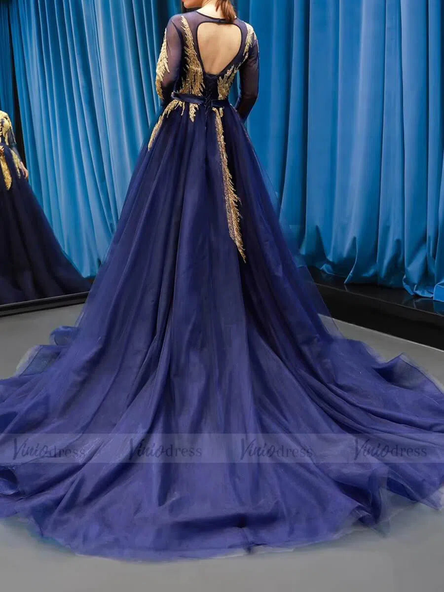 Royal Blue Long Sleeve Prom Dresses Gold Quinceañera Dress FD1382 viniodress-prom dresses 2025 -Viniodress-Royal Blue-US 2-