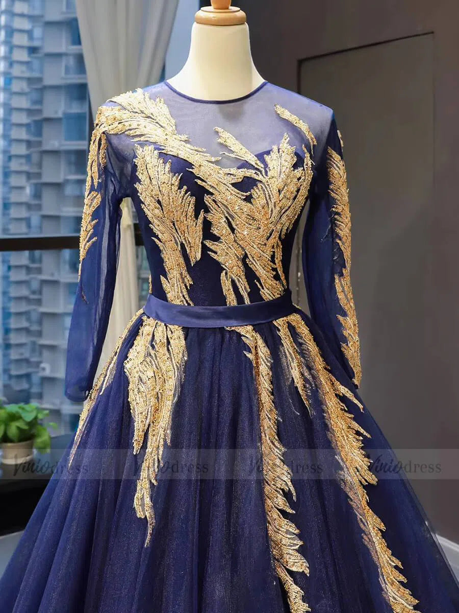 Royal Blue Long Sleeve Prom Dresses Gold Quinceaera Dress FD1382 vini Viniodress Royal Blue Long Sleeve Prom Dresses Gold Quinceaera Dress FD1382 vini Viniodress
