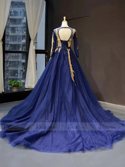 Royal Blue Long Sleeve Prom Dresses Gold Quinceañera Dress FD1382 viniodress-prom dresses 2025 -Viniodress-Royal Blue-US 2-