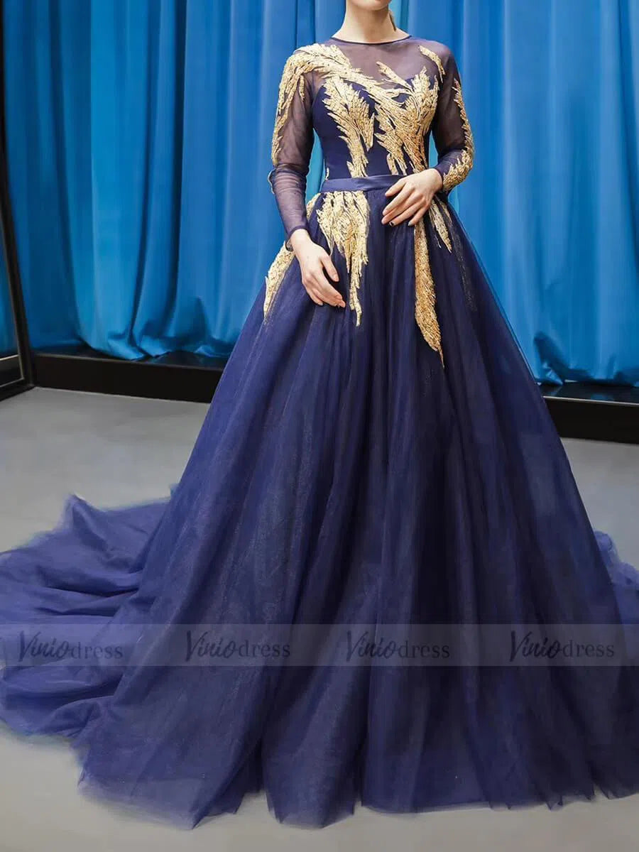 Royal Blue Long Sleeve Prom Dresses Gold Quinceañera Dress FD1382 viniodress-prom dresses 2025 -Viniodress-Royal Blue-US 2-