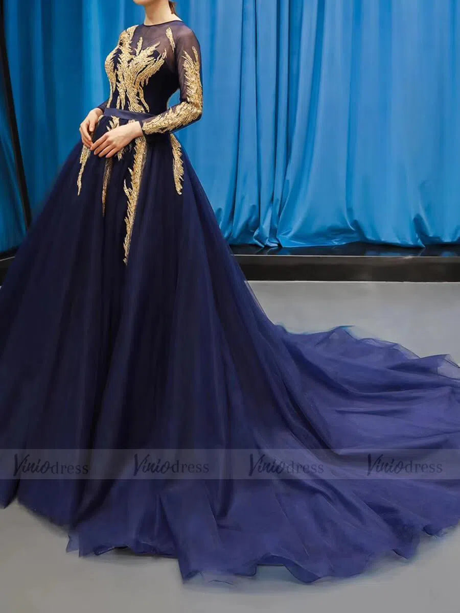 Royal Blue Long Sleeve Prom Dresses Gold Quinceañera Dress FD1382 viniodress-prom dresses-Viniodress-Viniodress