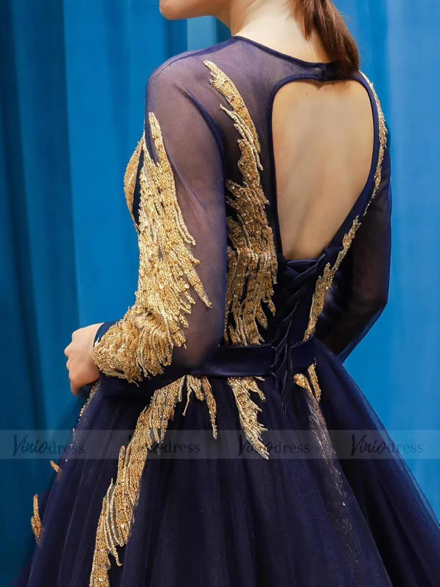 Royal Blue Long Sleeve Prom Dresses Gold Quinceañera Dress FD1382 viniodress-prom dresses-Viniodress-Viniodress