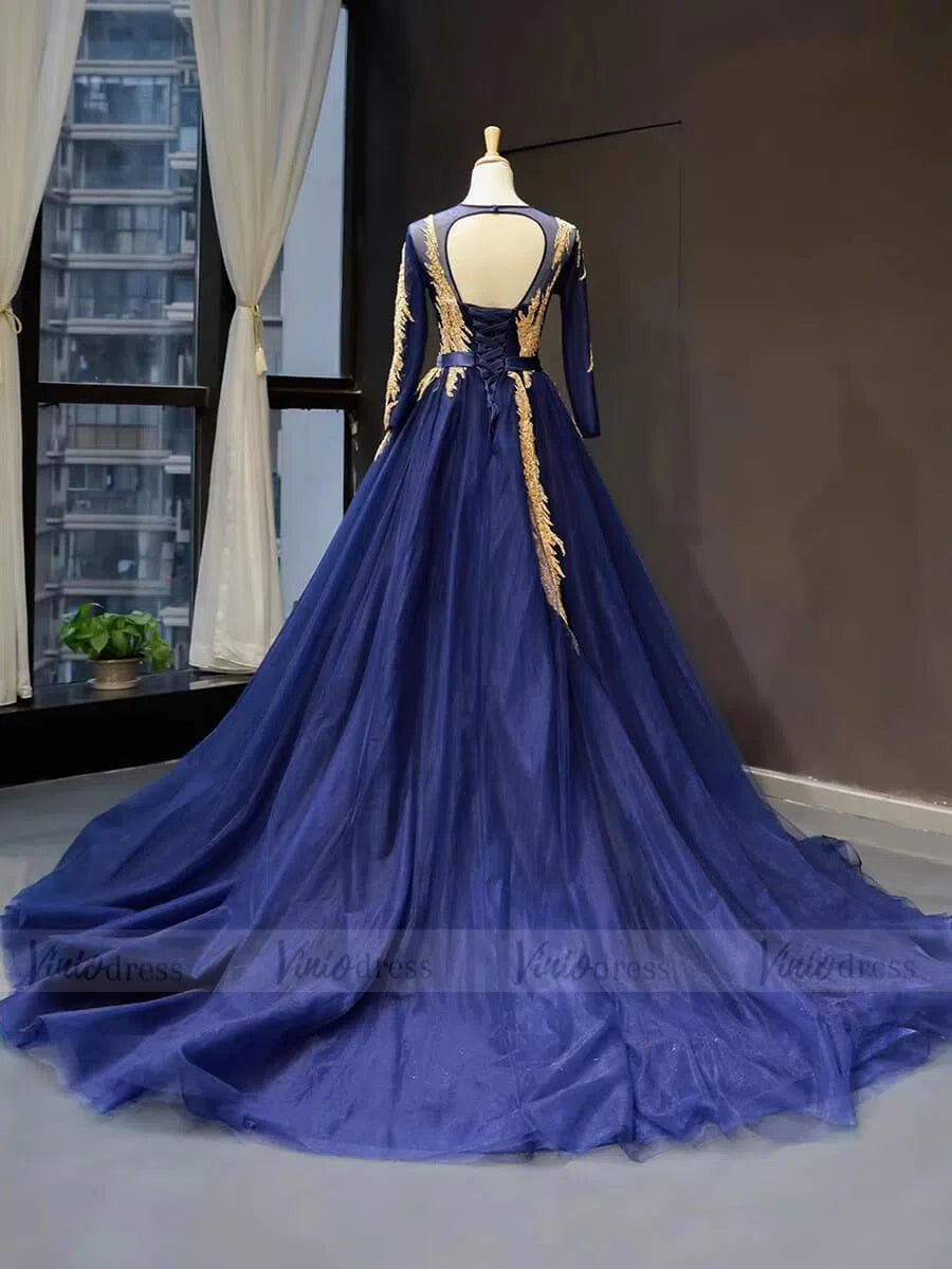 Royal Blue Long Sleeve Prom Dresses Gold Quinceañera Dress FD1382 viniodress-prom dresses-Viniodress-Viniodress