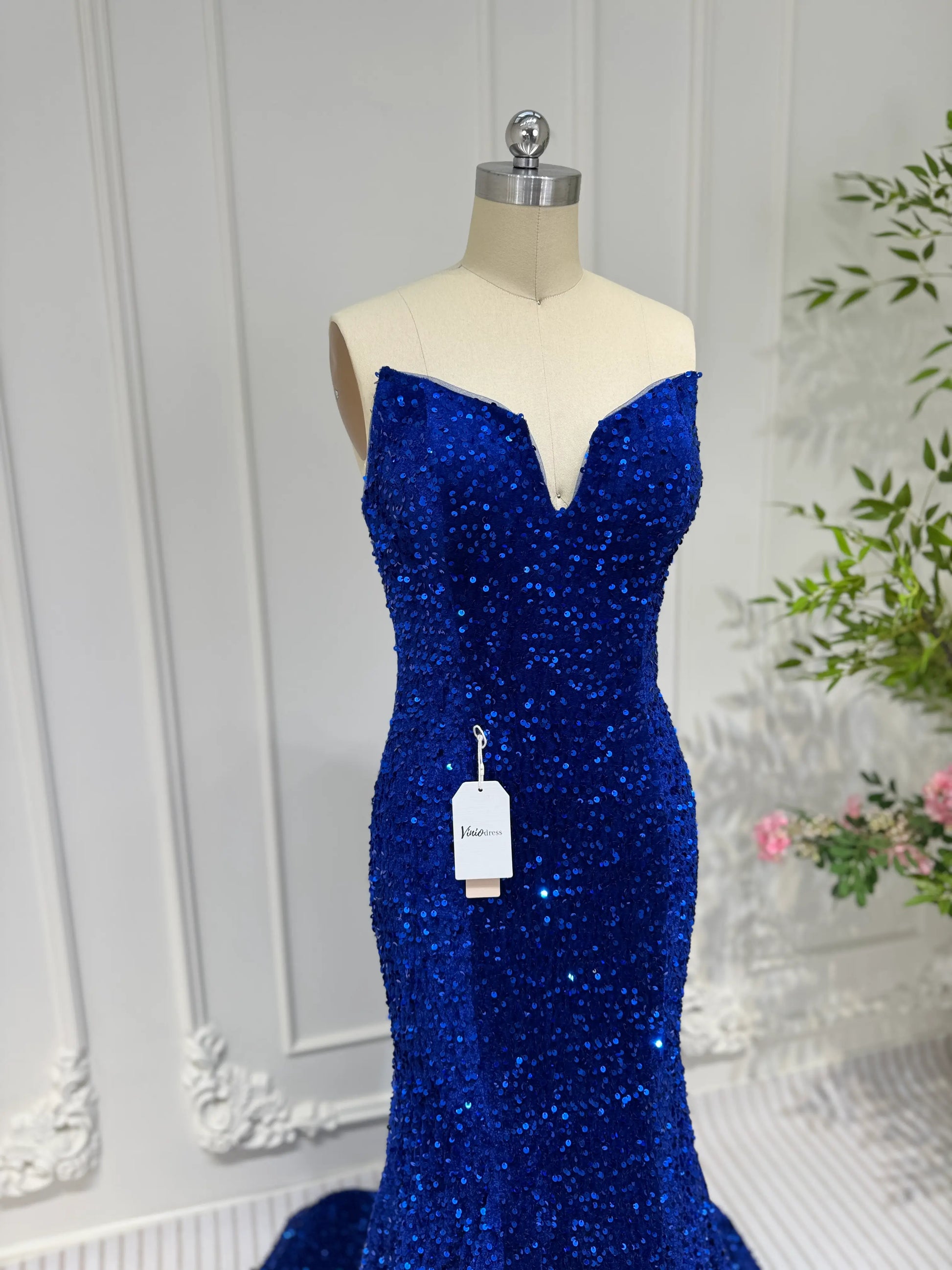 Royal Blue Mermaid Sequin Prom Dresses Strapless Evening Dress FD3311-prom dresses 2025 -Viniodress-Blue-Custom Size-