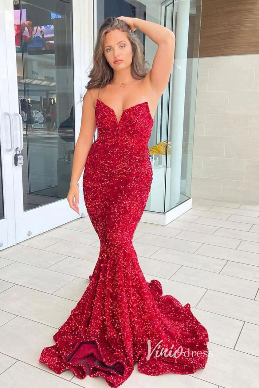 Royal Blue Mermaid Sequin Prom Dresses Strapless Evening Dress FD3311-prom dresses 2025 -Viniodress-Red-Custom Size-