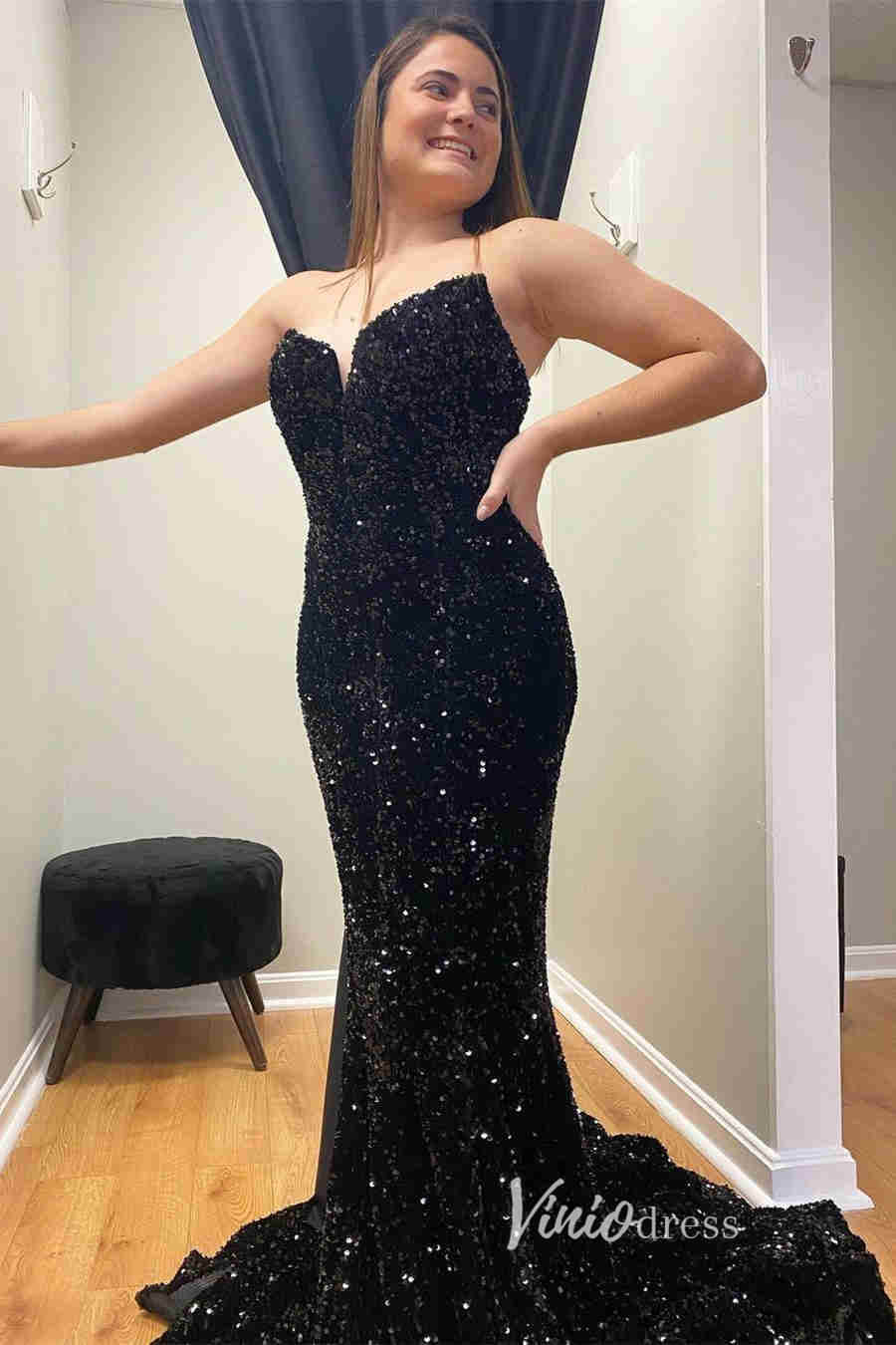 Prom Dress 2025 Royal Blue Mermaid Sequin Prom Dresses Strapless Evening Dress FD3311-unique prom dresses-Black-Custom Size-Viniodress