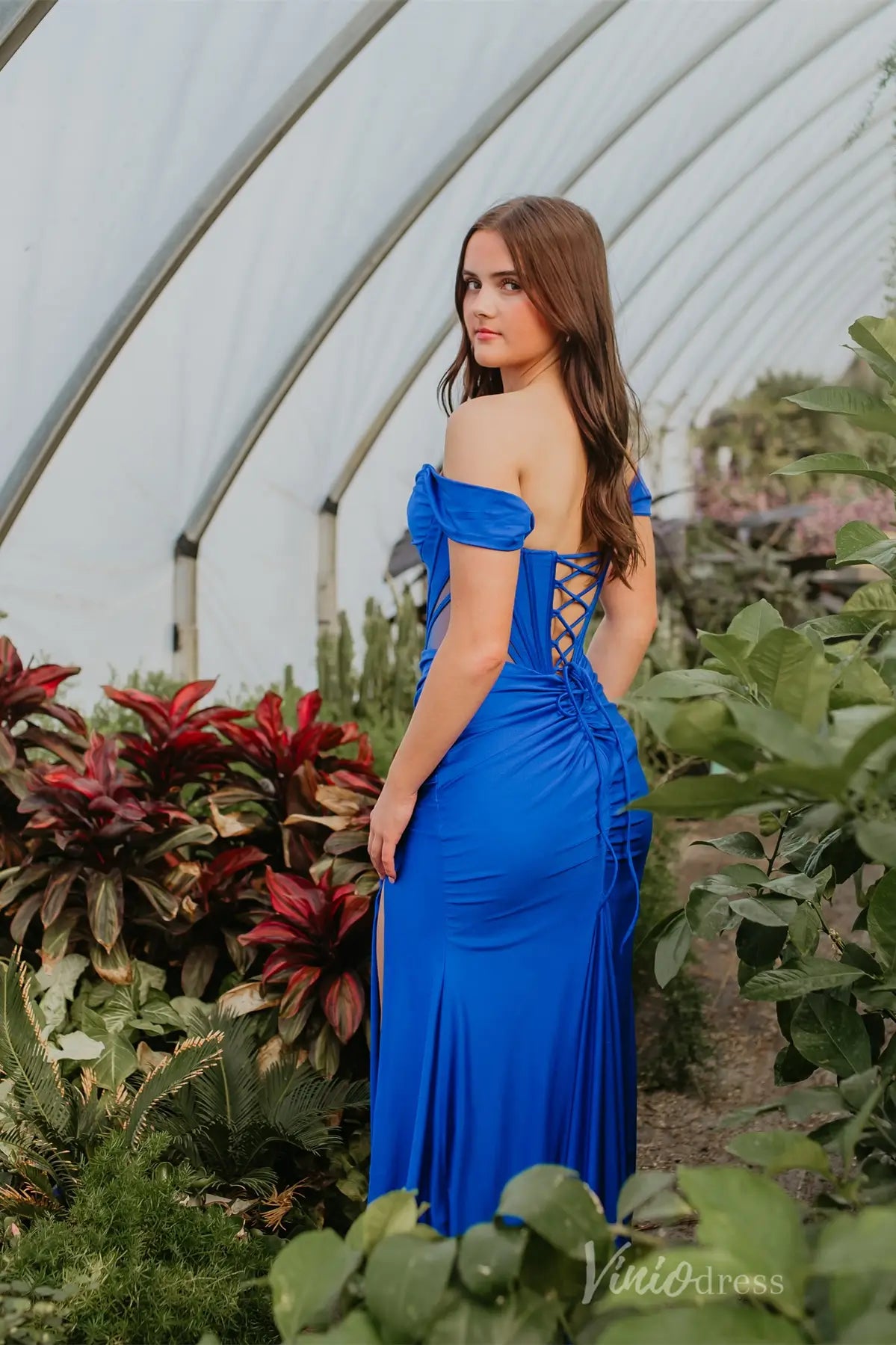 Royal Blue Off-Shoulder Prom Dress with Corset Bodice, Side Cutouts, High Slit & Lace-Up Back – SS099-prom dresses 2025 -Viniodress-Blue-Custom Size-