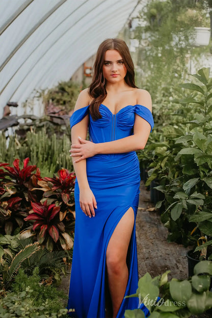 Royal Blue Off-Shoulder Prom Dress with Corset Bodice, Side Cutouts, High Slit & Lace-Up Back – SS099-prom dresses 2025 -Viniodress-Blue-Custom Size-