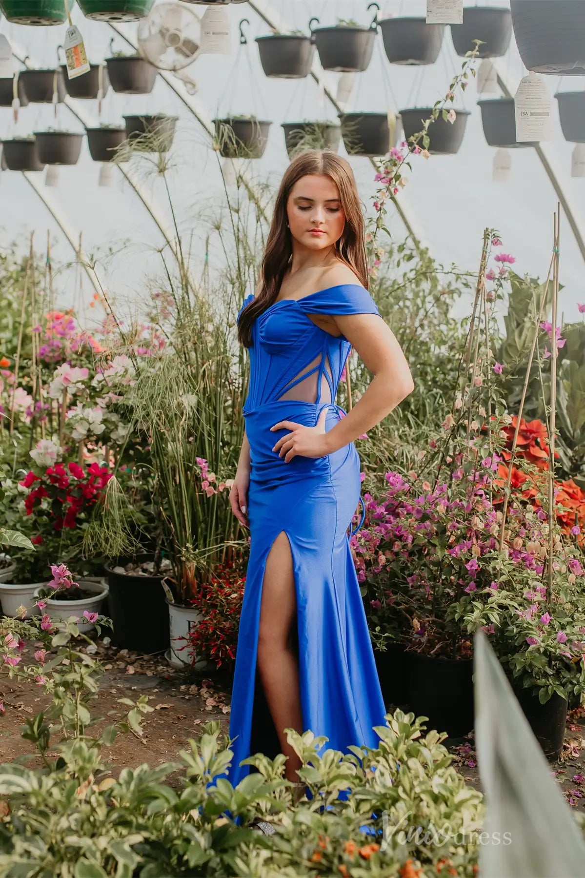 Royal Blue Off-Shoulder Prom Dress with Corset Bodice, Side Cutouts, High Slit & Lace-Up Back – SS099-prom dresses 2025 -Viniodress-Blue-Custom Size-