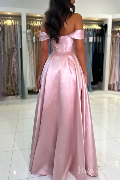 Royal Blue Off-Shoulder Satin Prom Dress with Draped Neckline, Corset Bodice, and Pockets – AS006-prom dresses 2025 -Viniodress-Blue-Custom Size-