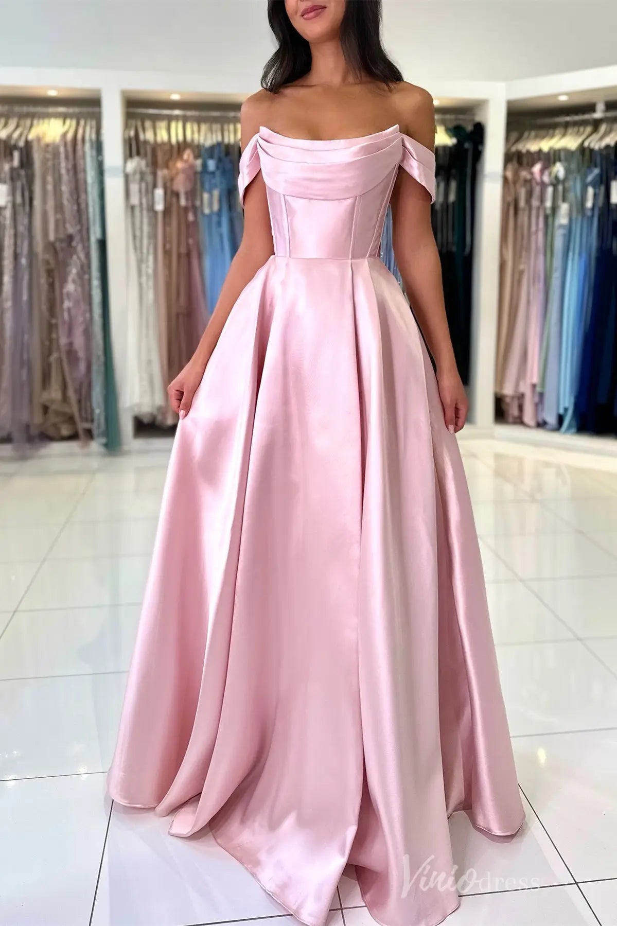 Royal Blue Off-Shoulder Satin Prom Dress with Draped Neckline, Corset Bodice, and Pockets – AS006-prom dresses 2025 -Viniodress-Blue-Custom Size-