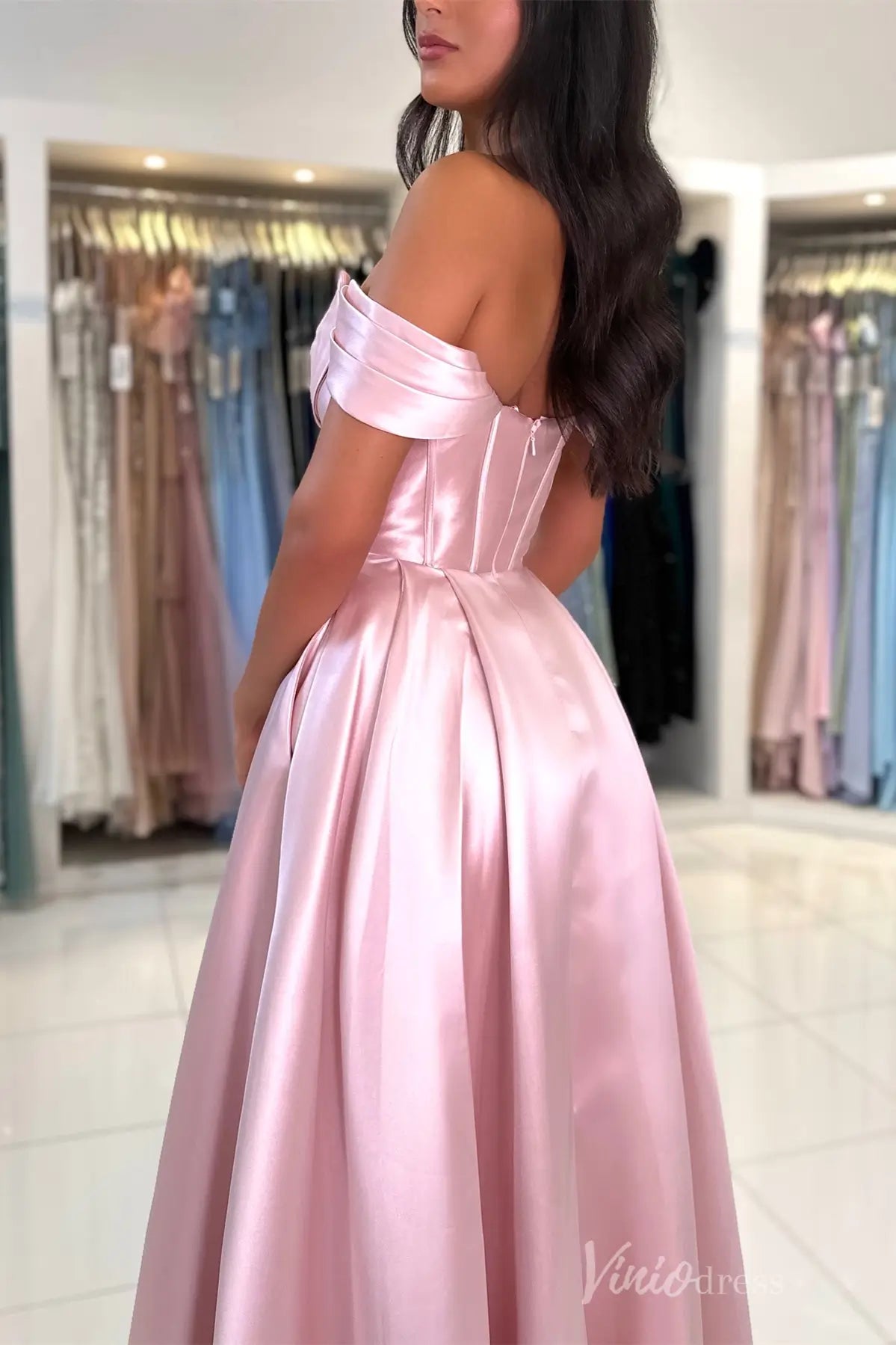 Royal Blue Off-Shoulder Satin Prom Dress with Draped Neckline, Corset Bodice, and Pockets – AS006-prom dresses 2025 -Viniodress-Blue-Custom Size-