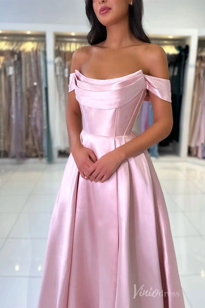 Royal Blue Off-Shoulder Satin Prom Dress with Draped Neckline, Corset Bodice, and Pockets – AS006-prom dresses 2025 -Viniodress-Blue-Custom Size-