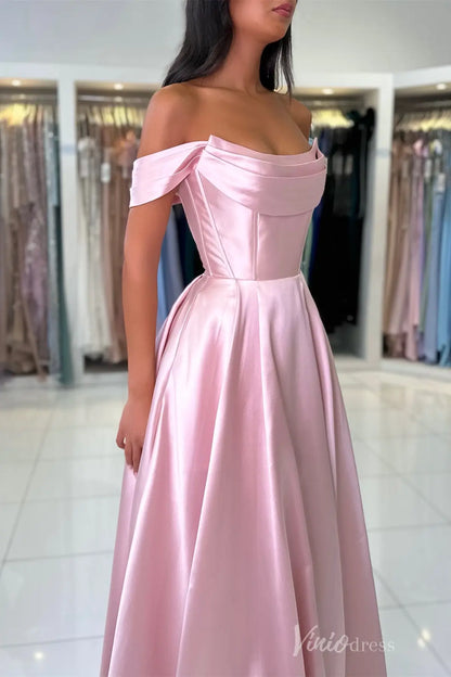 Royal Blue Off-Shoulder Satin Prom Dress with Draped Neckline, Corset Bodice, and Pockets – AS006-prom dresses 2025 -Viniodress-Blue-Custom Size-