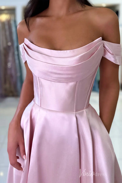 Royal Blue Off-Shoulder Satin Prom Dress with Draped Neckline, Corset Bodice, and Pockets – AS006-prom dresses 2025 -Viniodress-Blue-Custom Size-