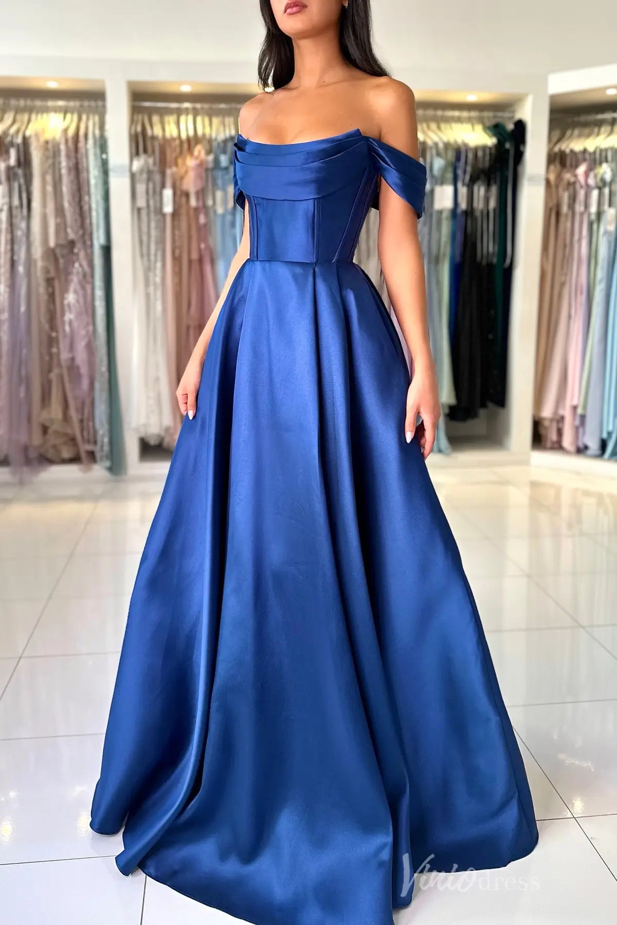 Royal Blue Off-Shoulder Satin Prom Dress with Draped Neckline, Corset Bodice, and Pockets – AS006-prom dresses 2025 -Viniodress-Blue-Custom Size-