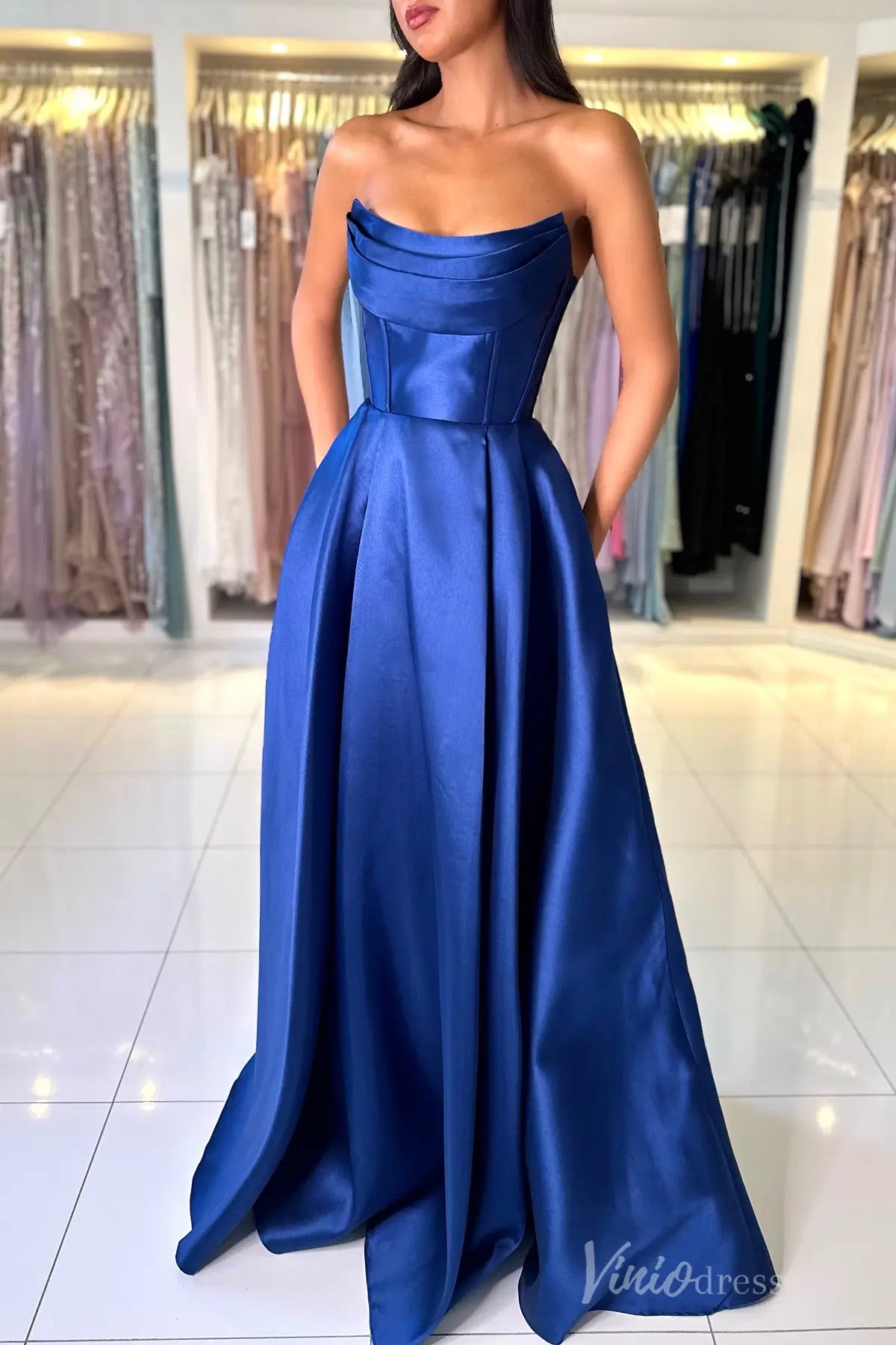 Royal Blue Off-Shoulder Satin Prom Dress with Draped Neckline, Corset Bodice, and Pockets – AS006-prom dresses 2025 -Viniodress-Blue-Custom Size-