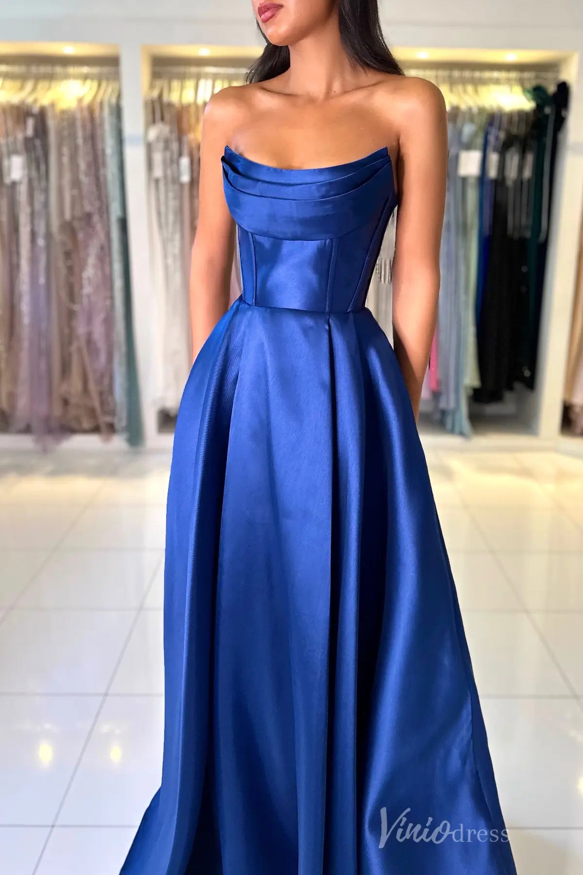 Royal Blue Off-Shoulder Satin Prom Dress with Draped Neckline, Corset Bodice, and Pockets – AS006-prom dresses 2025 -Viniodress-Blue-Custom Size-