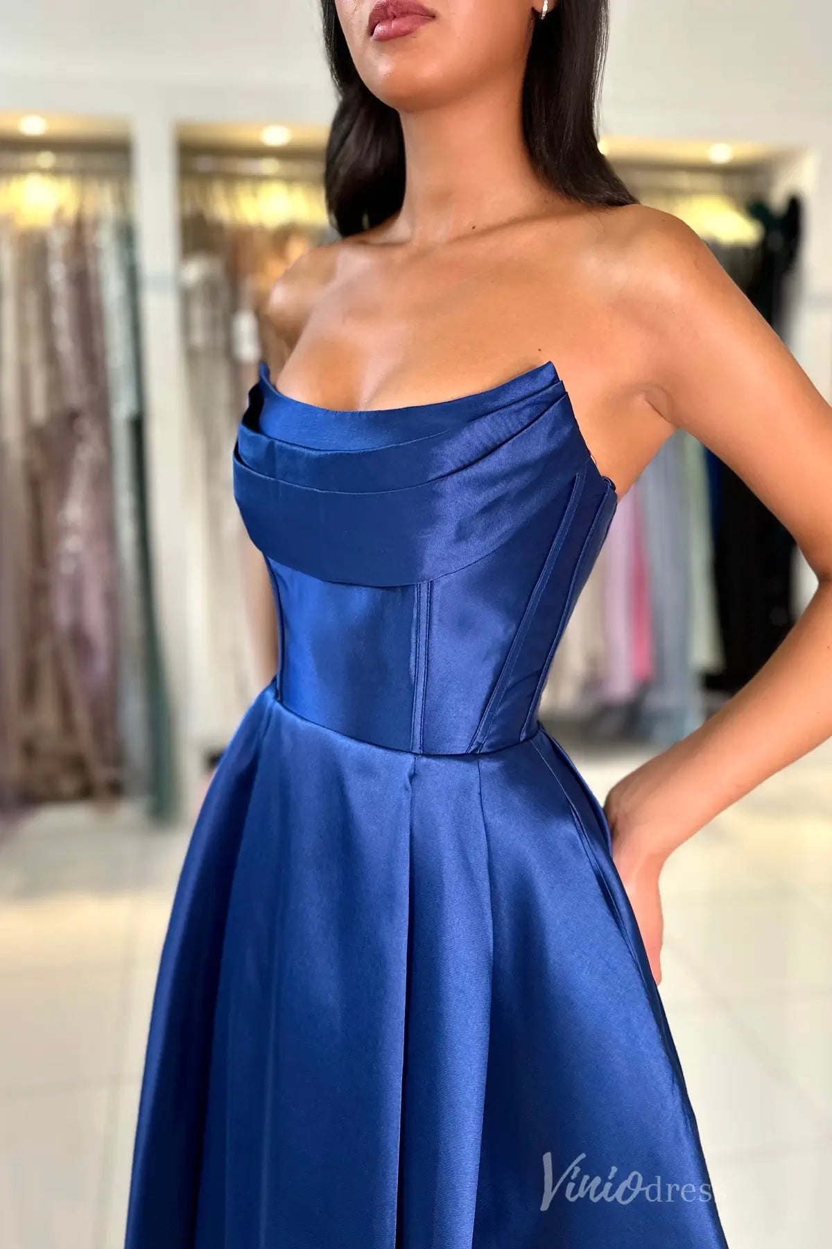 Royal Blue Off-Shoulder Satin Prom Dress with Draped Neckline, Corset Bodice, and Pockets – AS006-prom dresses 2025 -Viniodress-Blue-Custom Size-