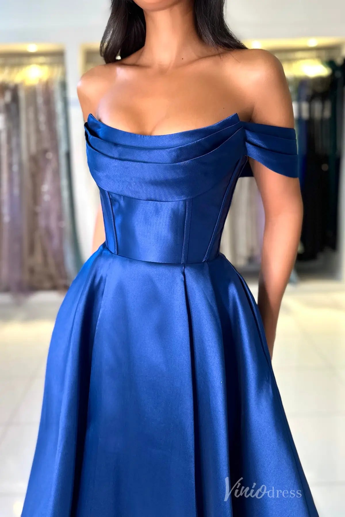 Royal Blue Off-Shoulder Satin Prom Dress with Draped Neckline, Corset Bodice, and Pockets – AS006-prom dresses 2025 -Viniodress-Blue-Custom Size-