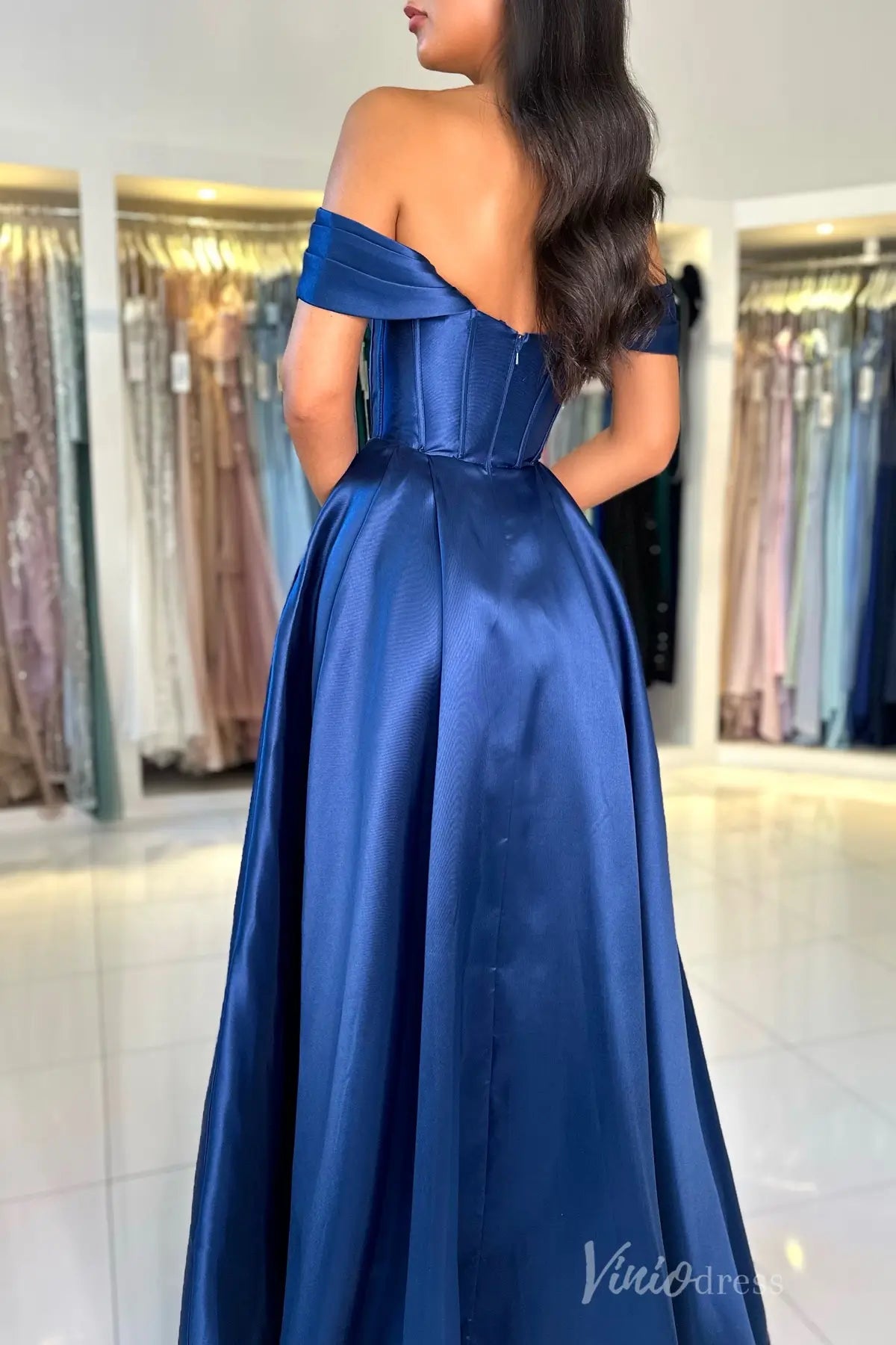 Royal Blue Off-Shoulder Satin Prom Dress with Draped Neckline, Corset Bodice, and Pockets – AS006-prom dresses 2025 -Viniodress-Blue-Custom Size-