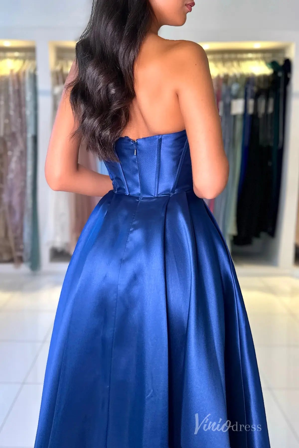 Royal Blue Off-Shoulder Satin Prom Dress with Draped Neckline, Corset Bodice, and Pockets – AS006-prom dresses 2025 -Viniodress-Blue-Custom Size-
