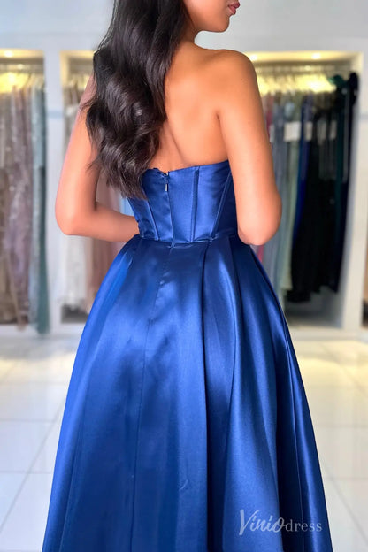 Royal Blue Off-Shoulder Satin Prom Dress with Draped Neckline, Corset Bodice, and Pockets – AS006-prom dresses 2025 -Viniodress-Blue-Custom Size-