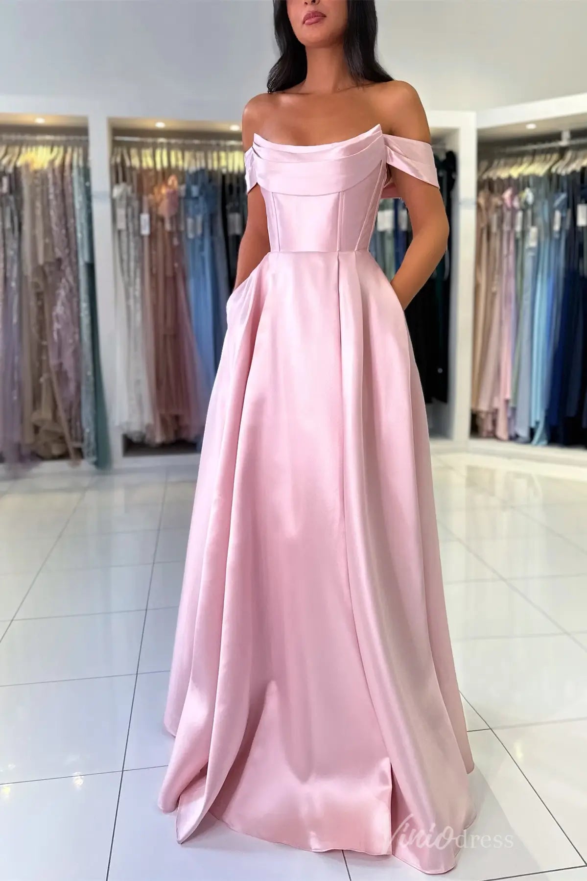 Royal Blue Off-Shoulder Satin Prom Dress with Draped Neckline, Corset Bodice, and Pockets – AS006-prom dresses 2025 -Viniodress-Blue-Custom Size-